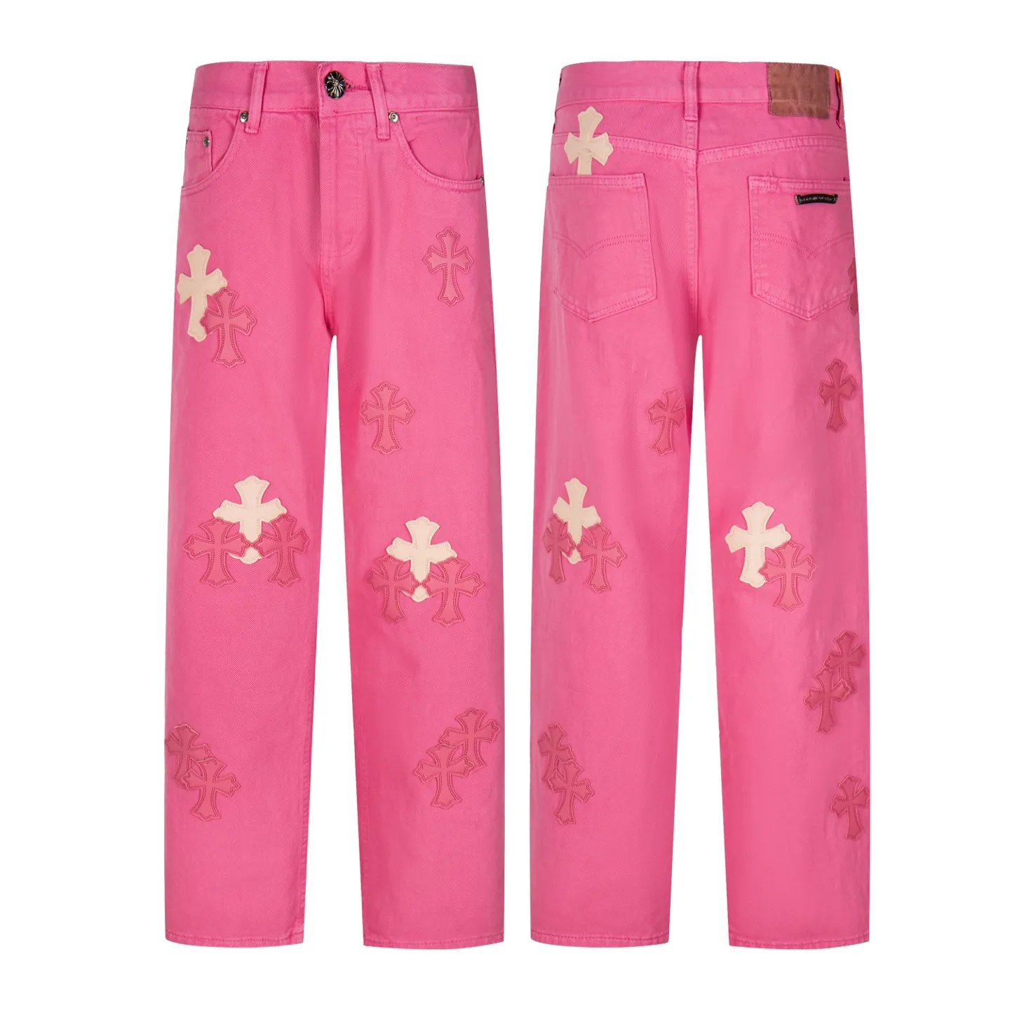 P250 CHROME HEARTS 25ss dopamine light pink cross-over leather washed jeans - Full of exploring the ultimate in fashion, Chrome Hearts' new Chrome Hearts pants not only present a unique style, the fresh ice blue color looks particularly youthful and energetic. The mid-high waist design is paired with a lazy and casual style, which not only shows long legs but also maintains a casual feel. It is a must-have fashion choice for trendy men and trendy women. Style number: 1778# Color: Dopamine powder Size: 28 30 32 34
